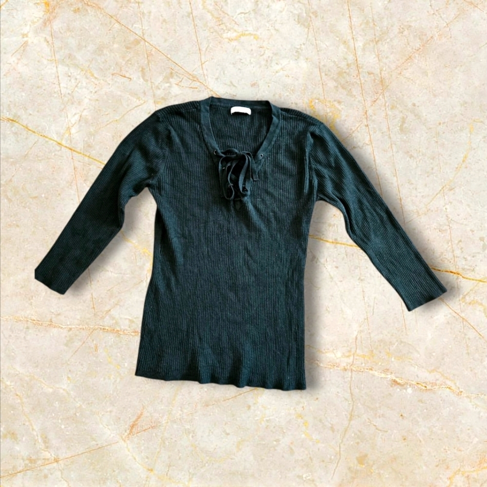 New York & Company Womens Black 3/4 Sleeve Tie Vneck Sweater. Sz L
